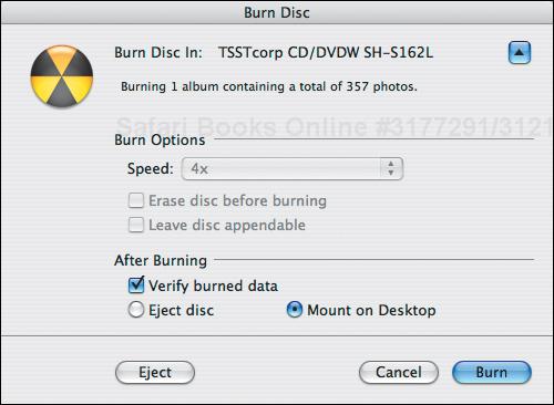 iPhoto verifies that you really want to burn a disc with one last dialog that also provides additional burn options if you click the triangle button in the upper-right corner.