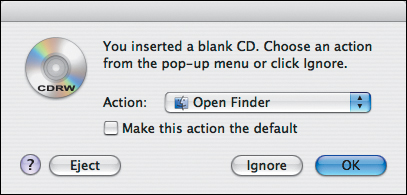 Choose Open Finder from the Action pop-up menu after you insert the blank disc.