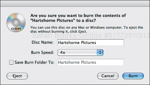 The Finder verifies the name and burn speed before burning.