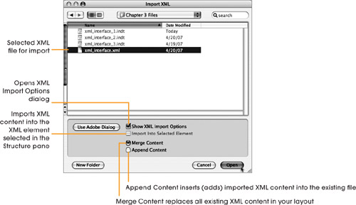 Select the target XML file. Select Show XML Import Options checkbox. Choose Merge Content or Append Content.