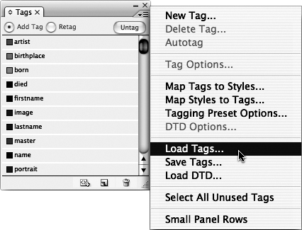 Select Load Tags from the Tags panel menu.