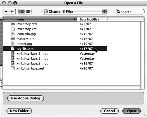 Select tag-list.xml from the Chapter 2 folder. You can load tags from any XML, InDesign, or InCopy file. Click Open.