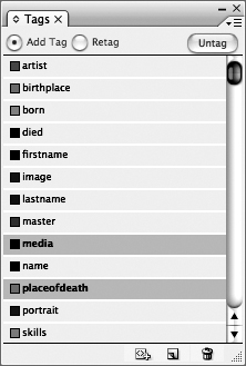 The tags placeofdeath and media appear in the Tags panel.