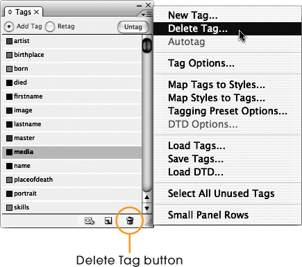 Select media in the Tags panel. Select Delete Tag from the Tags panel menu or click the Delete Tag button at the bottom of the Tags panel.