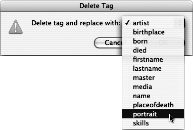 Select and delete the image tag. This tag is assigned to the graphic frame on page 1. When an assigned tag is deleted, InDesign requires that you retag tagged elements with another tag from the panel. Select portrait as the replacement tag. Click OK.