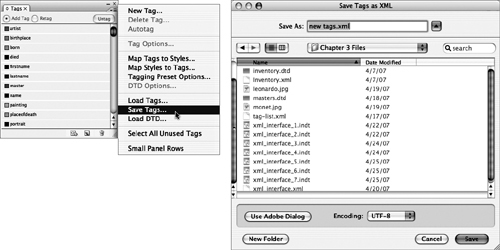 Select Save Tags from the Tags panel menu. The tag names are saved into an XML file. The file includes only the names themselves; no XML data from the layout is included.