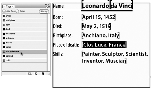 Using the Text tool, select the text Clos Lucé, France. Click the tag placeofdeath in the Tags panel. You can also right-click on the selected text and choose placeofdeath from the Tag Text context submenu.