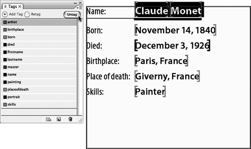 Using the Text tool, select the entire text of or simply insert the cursor somewhere within Claude Monet. Click the Untag button in the Tags panel or right-click on the selection and choose Untag Text.