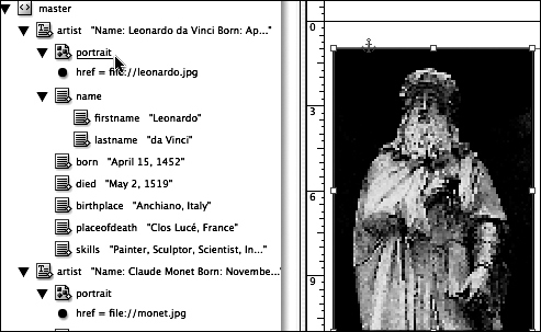 See how the image of Leonardo da Vinci is highlighted in the layout and in the Structure pane.