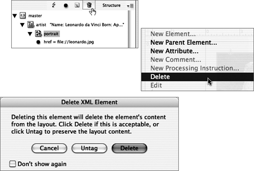 Click once on the portrait element in the Structure pane. To delete it completely, click the trash can icon at the top, select Delete from the Structure pane menu, or press the Delete key. When the Delete XML Element dialog appears, it gives you the option to delete or simply untag the element. Click the Delete button.