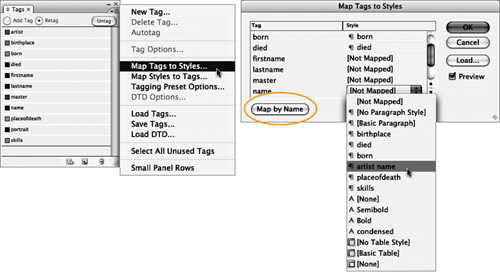 Select Map Tags to Styles from the Tags panel menu or from the Structure pane menu. Click Map by Name if your tag names match your style names exactly—or map them manually, one by one, to the desired styles. Click OK.