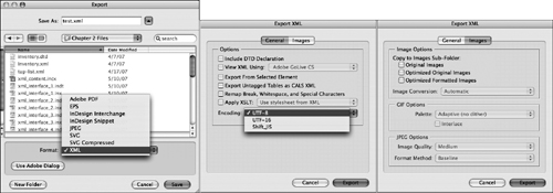 The Export XML dialog provides options for creating a usable XML file from the tagged text and images within your document. InDesign can even convert print images into GIFs or JPEGs for Web use, if necessary.