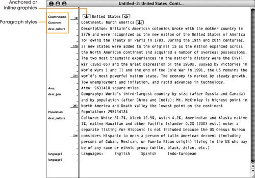 In Story Editor, text displays without differentiation in either typeface or font size, and the only graphics that appear are the icons representing inline or anchored graphics and XML tags.