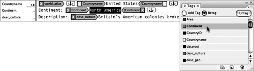 Select the text North America. Click the tag name Continent in the Tags panel.