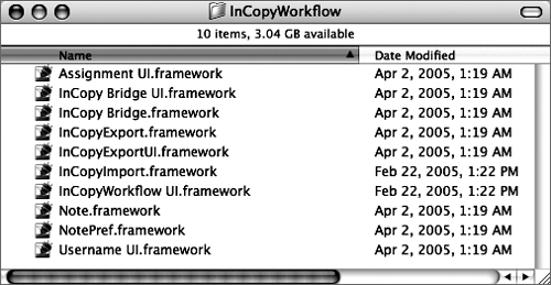 Look in the folder Technical Information > InCopy CS2 Plug-ins. To install the InCopy features, copy all the plug-ins into the InDesign CS2 > Plug-Ins > InCopyWorkflow folder as shown here and restart InDesign.