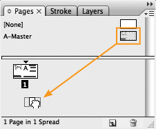 Dragging the A-Master icon to the Document pages area of the Pages panel creates a new page with features identical to page 1. The master page contains the company logo, address, and a text frame needed to make the next business card.