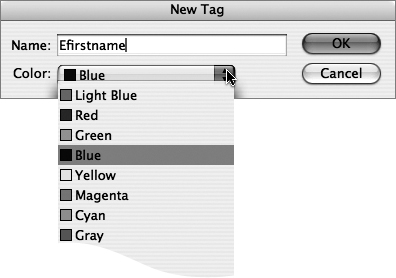 InDesign assigns colors sequentially from the Color drop-down list. Feel free to change these color assignments. The colors have no effect on the XML or the structure.