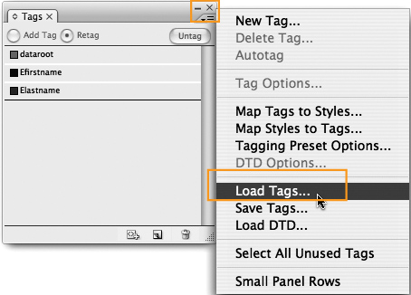 By loading tag names from existing InDesign documents or the actual XML itself, you will avoid all the pitfalls of misspellings and case sensitivities. If the XML file is available, it’s always the first choice.
