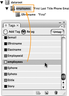 Click the employees element in the Tags panel to rename the Story tag in the Structure pane.