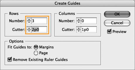 Create Guides is a great timesaver for setting up multiple ruler guides. Notice the options for fitting the guides to Margins, or to Page, and to Remove Existing Ruler Guides.