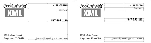 Here you see two possible methods for laying a typical business card. Normally, the choice would be a personal preference and nothing more. You will see how alternative B is the “wrong way” in most XML workflows.