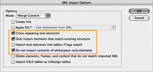 It’s essential that you understand how the XML Import Option dialog affects the import of the XML content. For a full description of these options, see Chapter 1.
