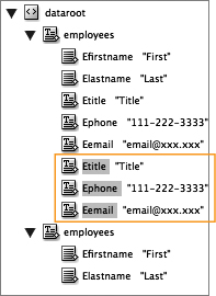 After duplicating page 1, as you can see here, an unwelcome surprise is waiting for you in the Structure pane. For some unknown reason, the Etitle, Ephone and Eemail elements from page 2 are nested within the employees element on page 1.