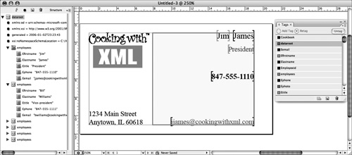 Once the XML is imported correctly, this is what you should see. The Structure pane displays six employees elements, and your placeholders have been replaced by the elements of the first record.