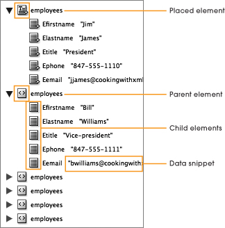 The Structure pane is a handy reference during XML workflows. It displays a wealth of information about the imported XML file, such as how many elements have been imported; the names of the elements; and, if snippets are turned on, a glimpse of the XML content as well. It can also tell you which elements may already be in your layout; here we can see by the change in the first element icon that “Jim James” is on page 1.
