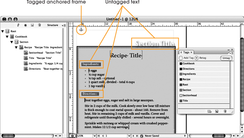 The basic structure is similar to Chapter 4’s business card with a couple of exceptions: the anchored text frame at the top of the page and the two untagged subheads that introduce the ingredients and directions.