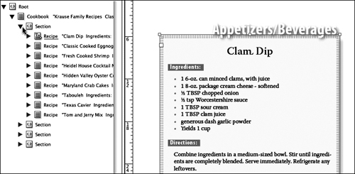 Open up the first Section element to reveal Clam Dip, the first of nine recipes in the section. The four sections of the cookbook hold 61 total recipes.