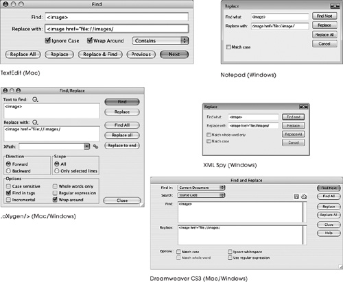 We use the Find/Replace feature often to fix image and other faulty references. Here are a sample of the Find commands from our favorite Mac and Windows programs.