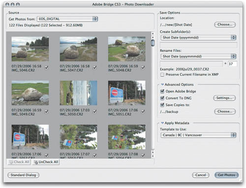 Adobe Photo Downloader, Advanced dialog