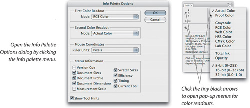 Info Palette Options dialog and icon pop-up menus