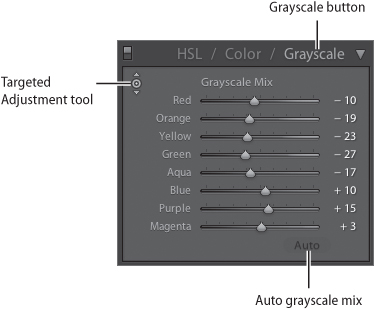 Use the Grayscale panel controls to change the luminance (brightness) values or the “colors” of the image. The colors have been removed, but you can still modify the brightness of the areas based on the original colors.