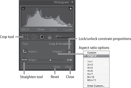 The Crop tool is located In the tool strip, below the Histogram. You can choose from preset aspect ratios or else enter custom ones.