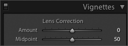 The Lens Correction controls provide you with a quick and easy technique for fixing lens vignetting or for simply darkening or brightening the corners for creative purposes.