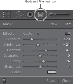 Click on the Graduated Filter tool icon to toggle open/close the tool panel.