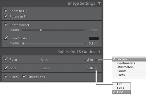 Use the Image Settings and Rulers, Grid & Guides panels in order to specify various layout options.