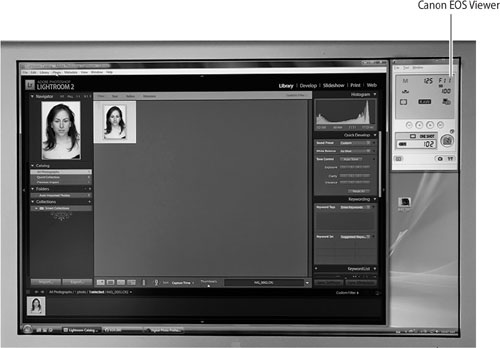 A snapshot of a studio monitor, demonstrating how the Canon EOS Viewer and Lightroom appear together on the screen. The camera manufacturer’s software is set to download the image into a specific watched folder.