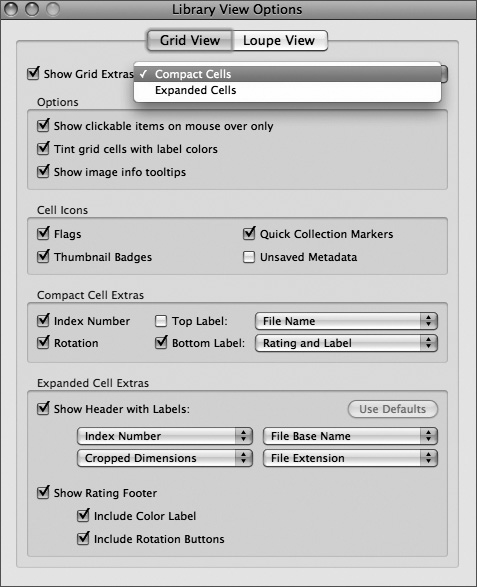 Use the Library View Options dialog to customize the Grid Extras.