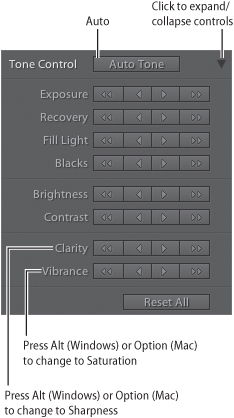 Use the Quick Develop Tone and Color controls to make the same kinds of changes to your images as you can make in the Develop module