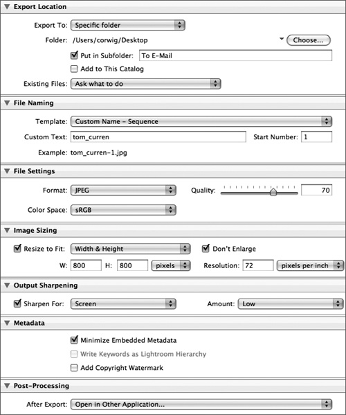 Open and close the different export settings panels by clicking on each panel title bar.