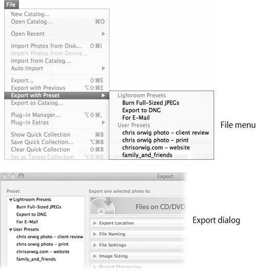 The same Export Presets can be accessed through the File pull-down menu or in the Export dialog. The advantage of using the File pull-down menu is speed. The advantage of using the Export dialog is being able to choose a preset and make further changes in the Export panels.