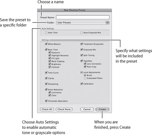 Use the New Develop Preset dialog to specify Preset Name, Folder, and Settings that are to be included in the preset.