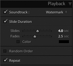 Add music files to your slideshows with the Playback panel.