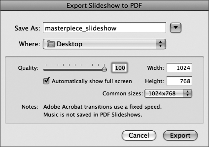 Customize your PDF slideshow export options before distributing your work.