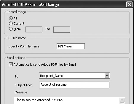 Choose the settings for the mail merge to PDF process, and choose e-mail settings if desired.