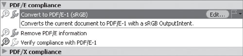 Choose a standards-compliant profile from one of the categories, such as the PDF/E-1 profile used in the example.