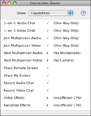 The Connection Doctor's Capabilities pane lets you know what your machine can do! In this case, in a screen capture from an older Power Mac G4, the oomph isn't there to handle some of iChat's sillier, but processor-intensive tasks: Video Effects and Backdrop Effects.